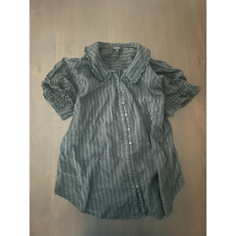 Quince Black Ruffle Peter Pan Collar Puff Sleeve Button Down Blouse XL